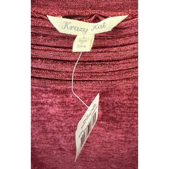 Krazy Kat Womens Red Knit Long Sleeve Top With Ribbed Collar L Asymmetrical Hem - Picture 5 of 6